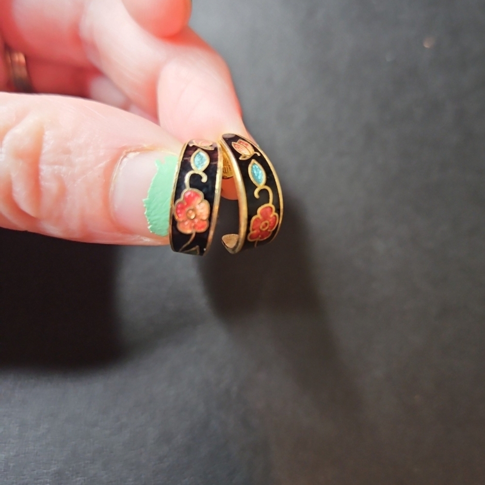 Floral Black and Gold Hoop Earrings